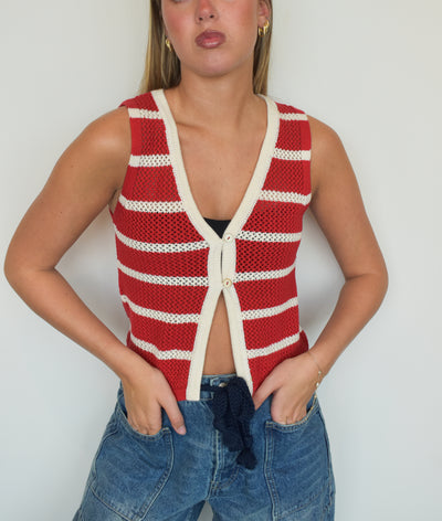Striped V-Neck Button Up Top- Red-100 - TOPS - SHORT SLEEVE/SLEEVELESS-BLU PEPPER-[option4]-[option5]-[option6]-Leather & Lace Boutique Shop
