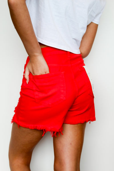 Bright Distressed Denim Shorts- Red-150 - BOTTOMS - DENIM-RISEN JEANS-[option4]-[option5]-[option6]-Leather & Lace Boutique Shop
