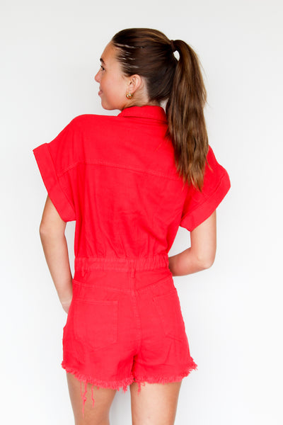 Distressed Hem Romper- Red-170 - DRESSES / ROMPERS / SETS-IDEM DITTO-[option4]-[option5]-[option6]-Leather & Lace Boutique Shop