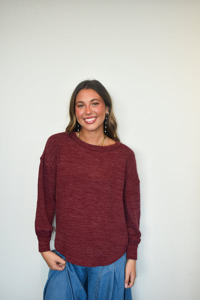 Cassidy Ribbed Knit Top- Maroon-110 - TOPS - LONG SLEEVE-EDGEMINE-[option4]-[option5]-[option6]-Leather & Lace Boutique Shop
