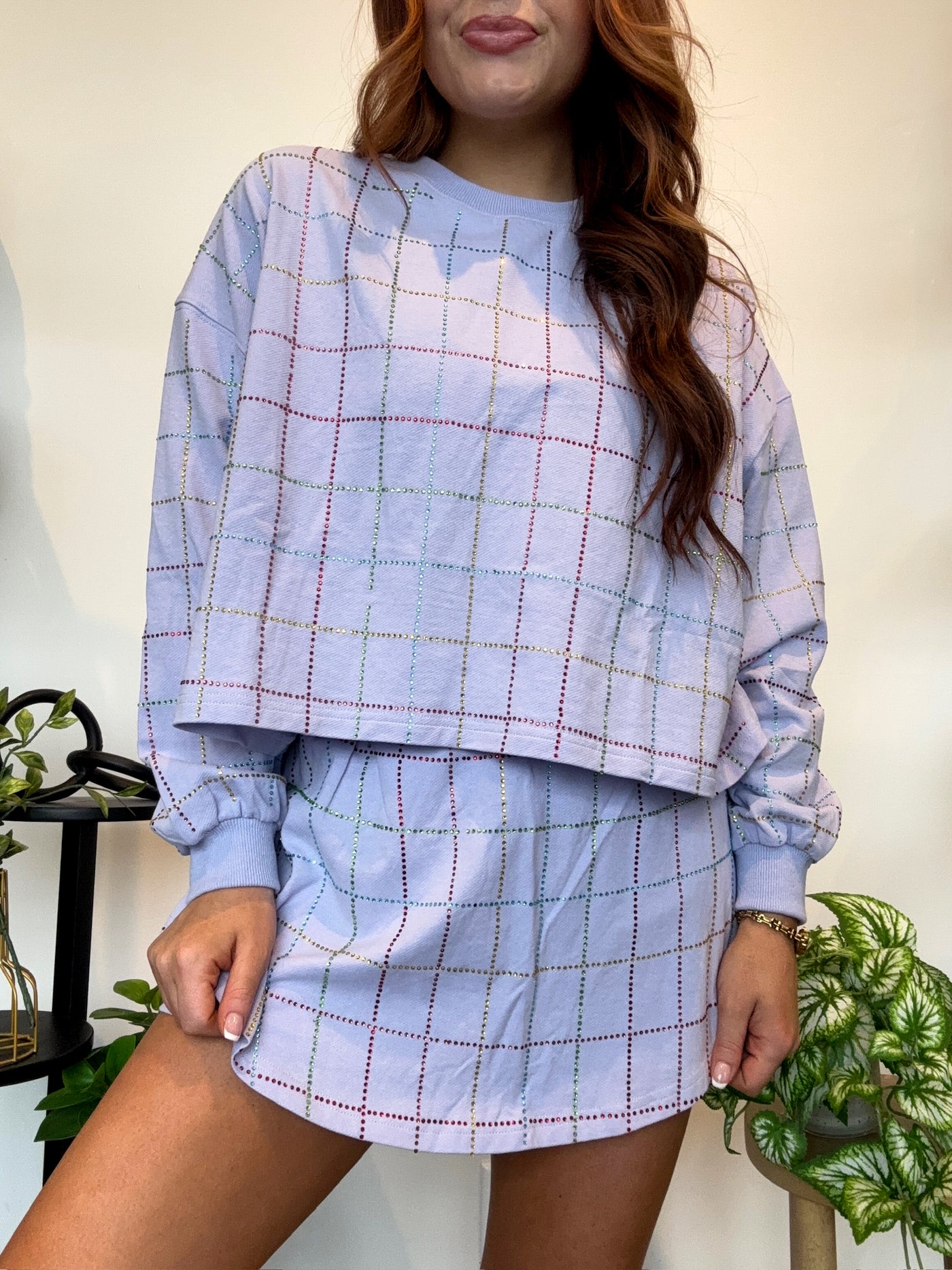 Rhinestone Grid Sweat Set- Lavender