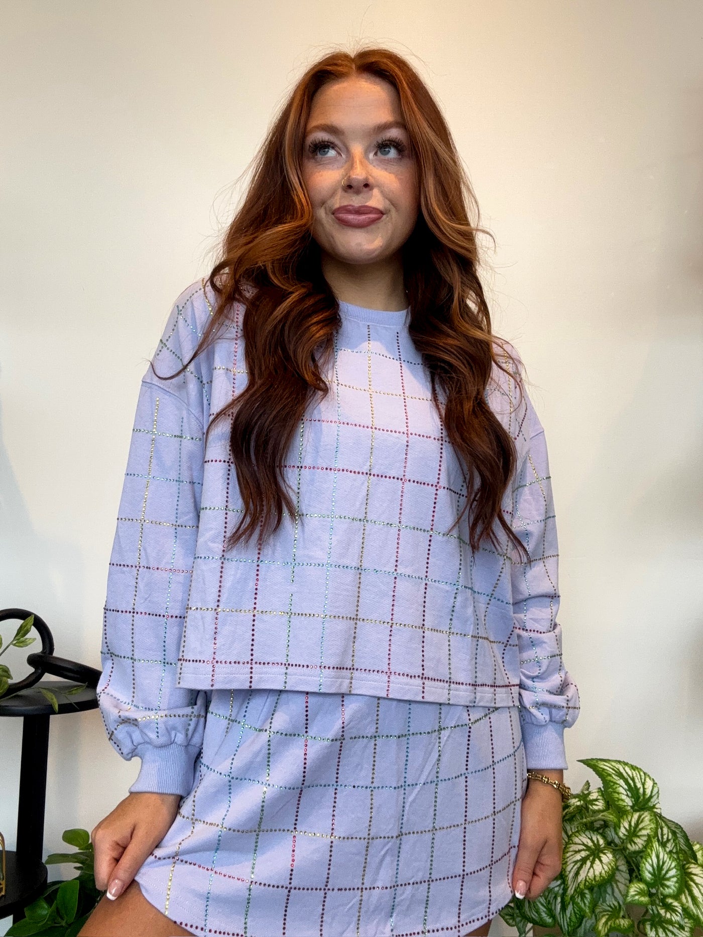 Rhinestone Grid Sweat Set- Lavender