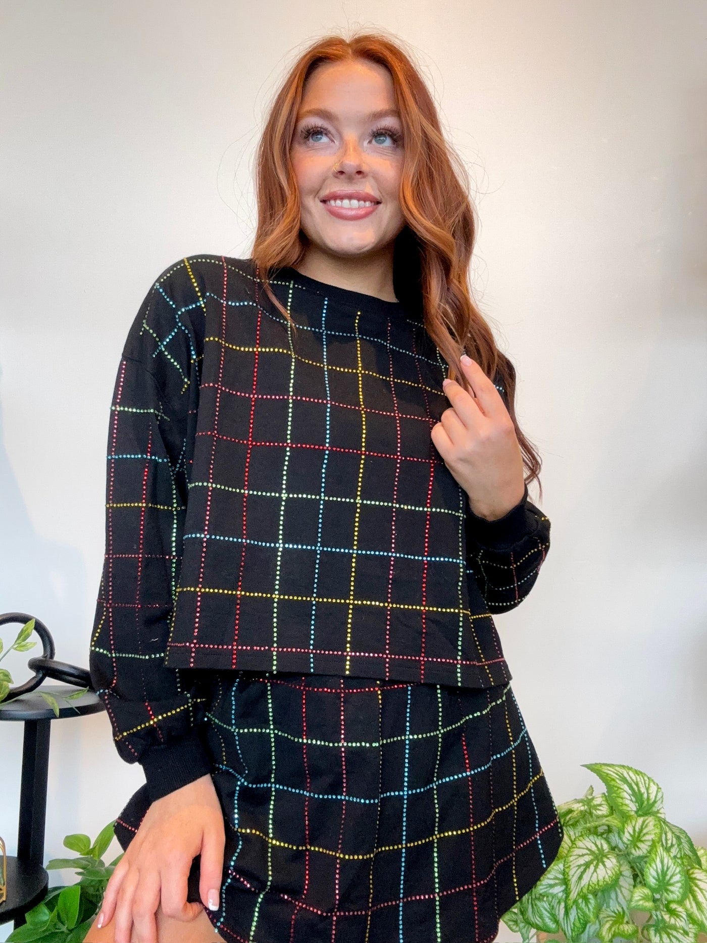 Rhinestone Grid Sweat Set- Black