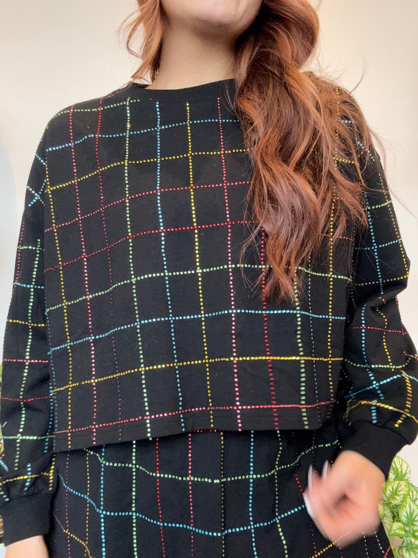 Rhinestone Grid Sweat Set- Black