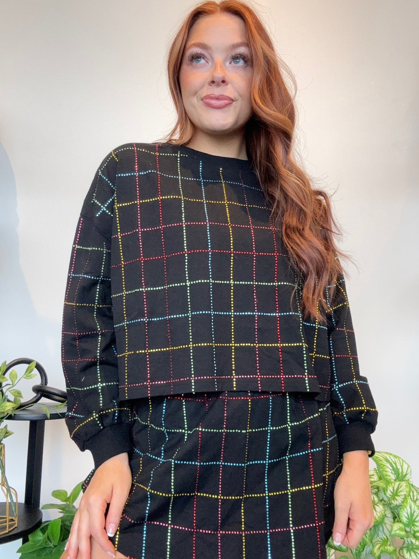 Rhinestone Grid Sweat Set- Black