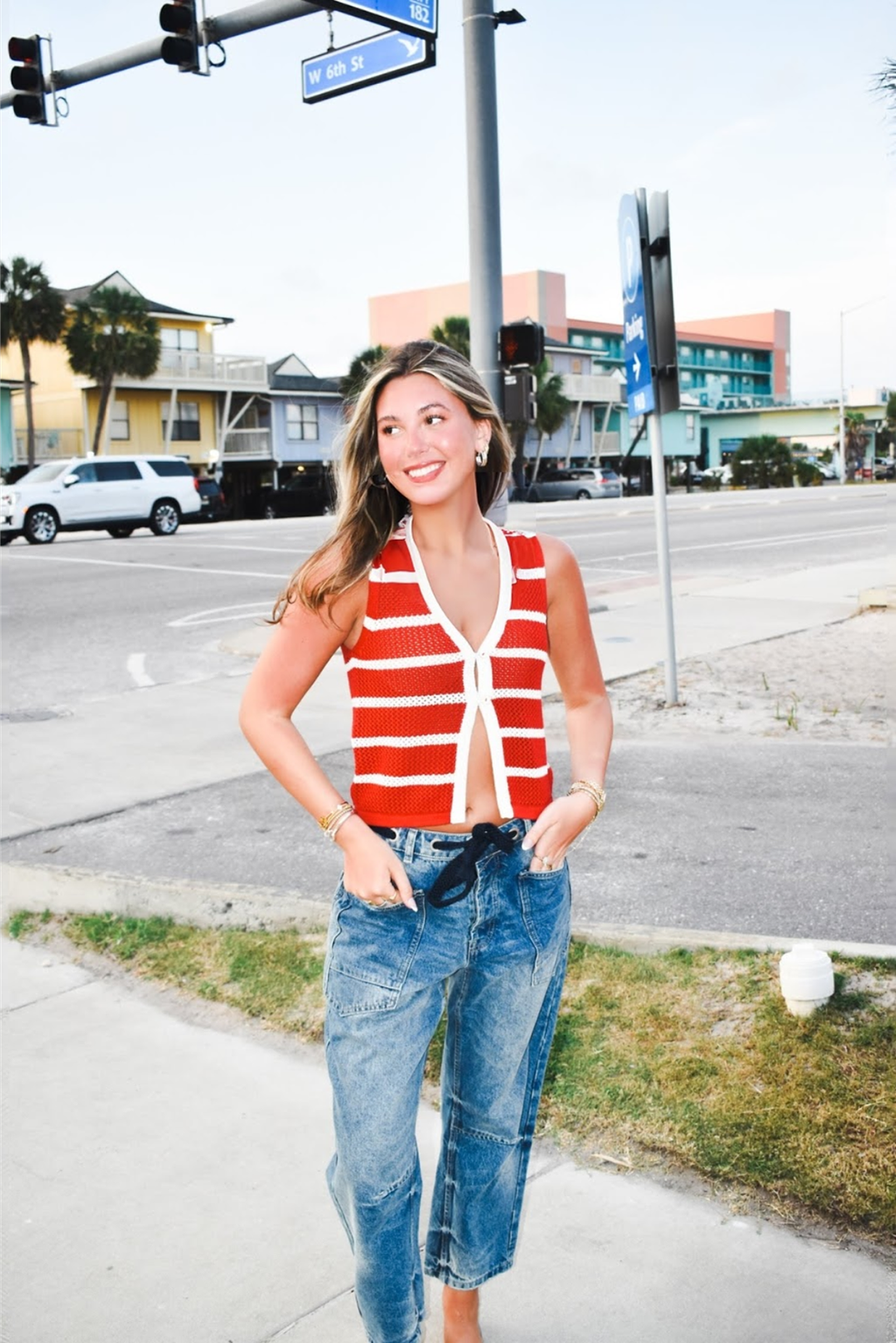 Striped V-Neck Button Up Top- Red-100 - TOPS - SHORT SLEEVE/SLEEVELESS-BLU PEPPER-[option4]-[option5]-[option6]-Leather & Lace Boutique Shop