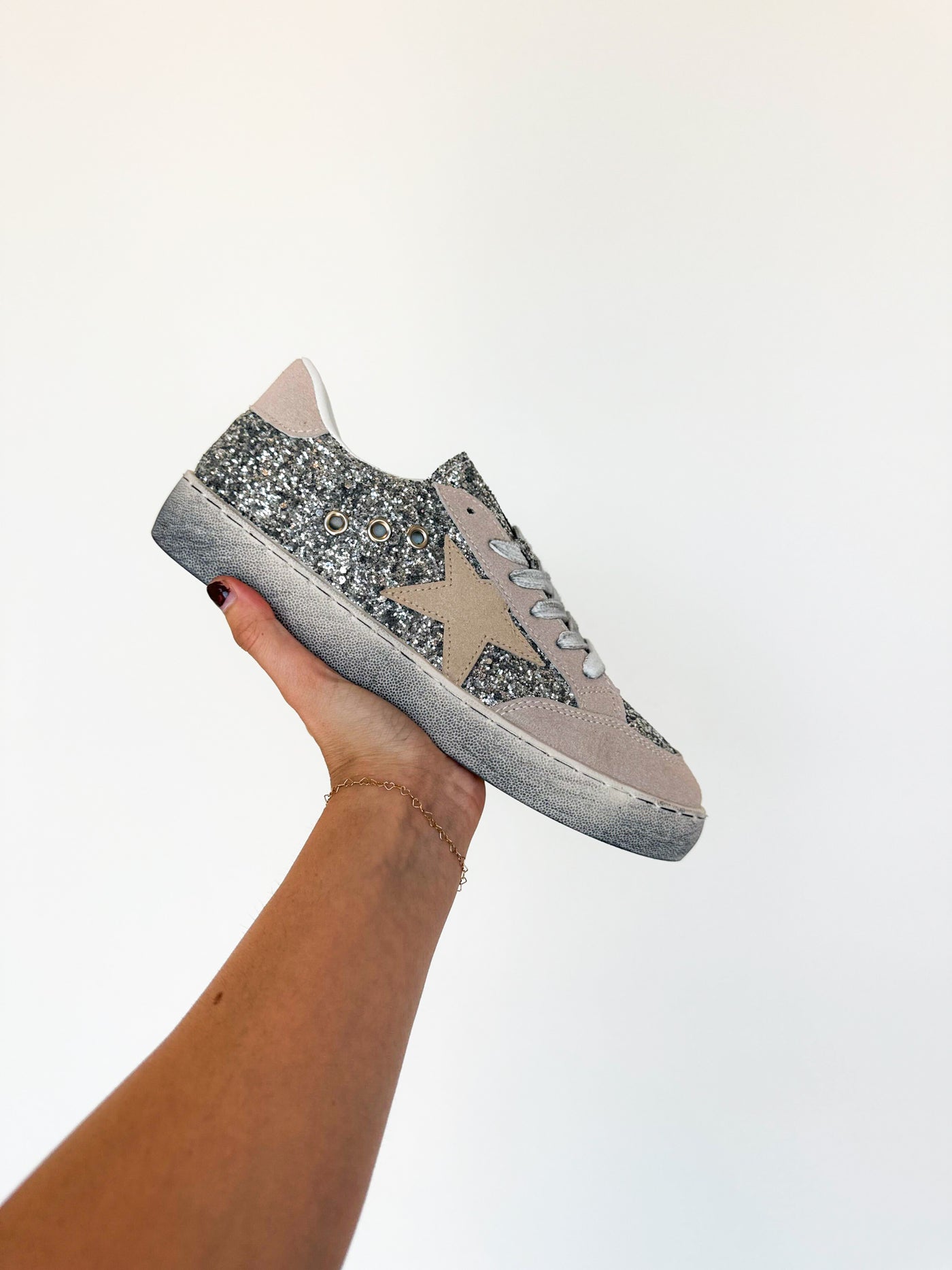 Lucie Distressed Sneakers- Silver Glitter-180 - SHOES-LILIANA-[option4]-[option5]-[option6]-Leather & Lace Boutique Shop