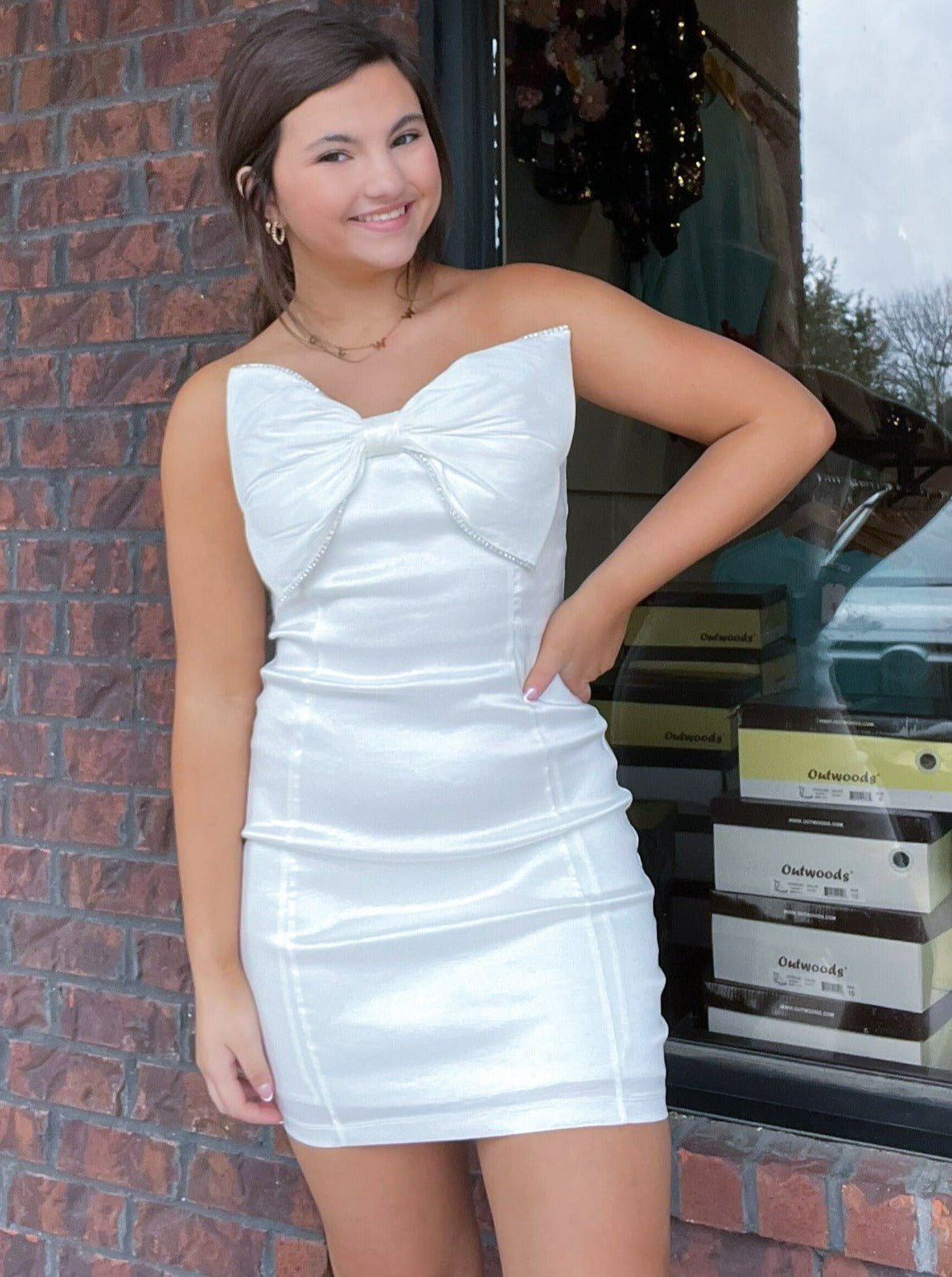 Satin & Rhinestone Bow Mini Dress-170 - DRESSES / ROMPERS / SETS-SYMPHONY-[option4]-[option5]-[option6]-Leather & Lace Boutique Shop