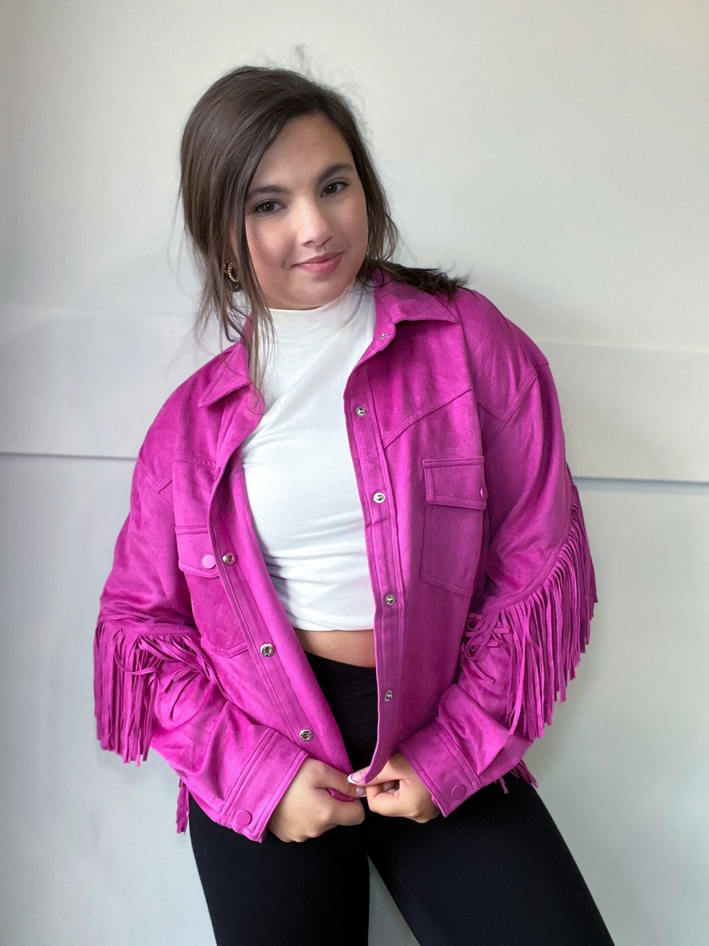 Magenta Fringe Cropped Jacket-140 - TOPS - LAYERS/OUTERWEAR-GLAM-[option4]-[option5]-[option6]-Leather & Lace Boutique Shop