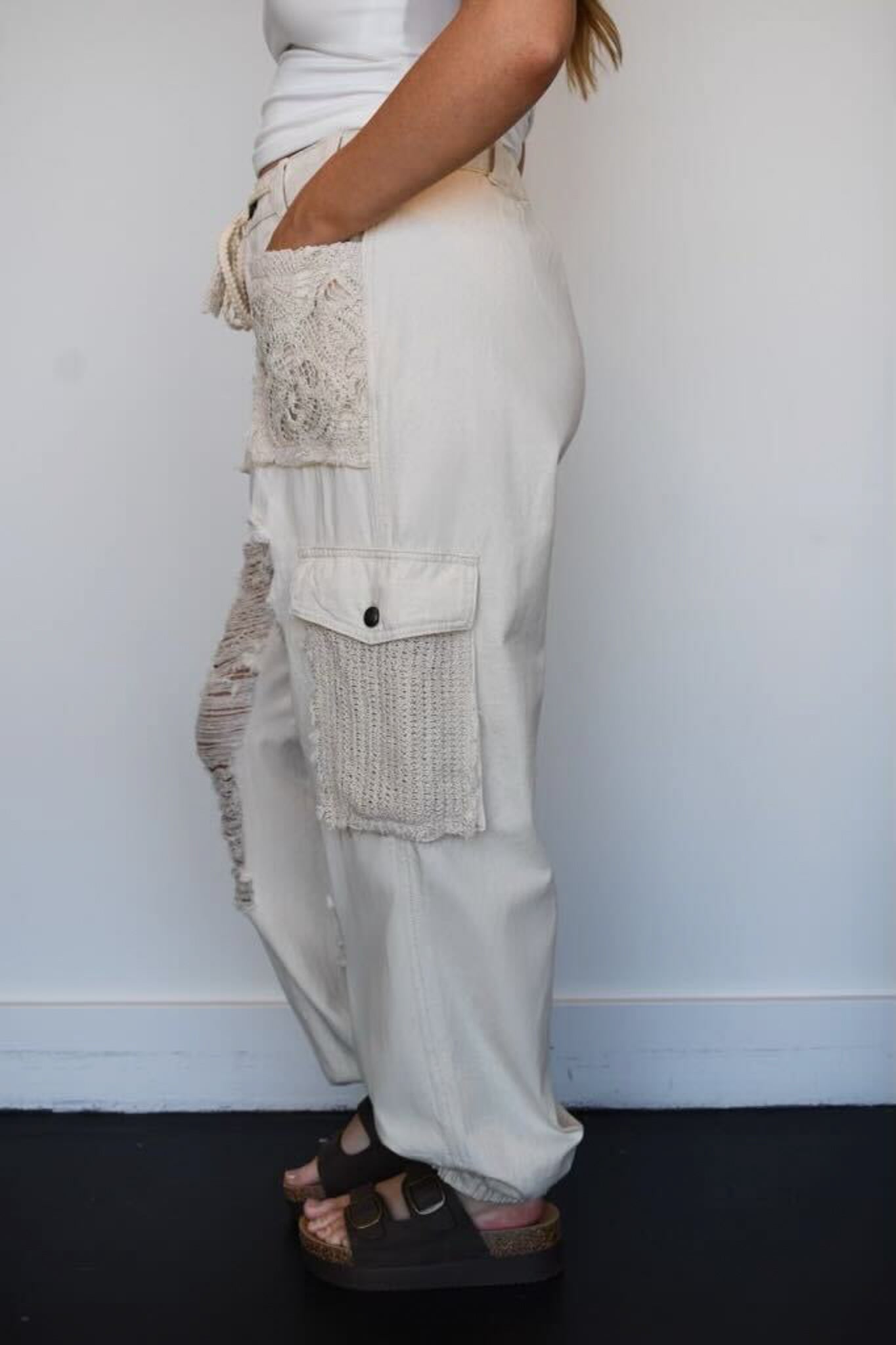 Distressed Boho Cream Joggers-160 - BOTTOMS - OTHER-POL-[option4]-[option5]-[option6]-Leather & Lace Boutique Shop