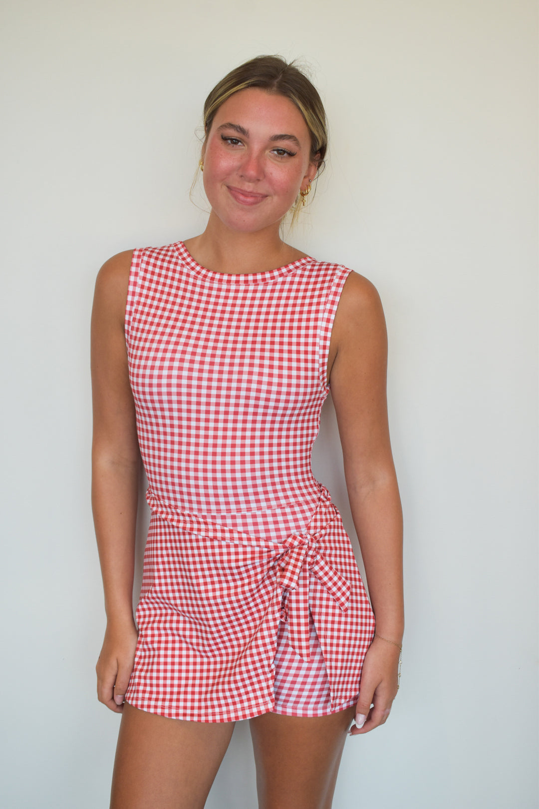 fitted lace wedding dress Gingham Wrap Front Athletic Dress- Red