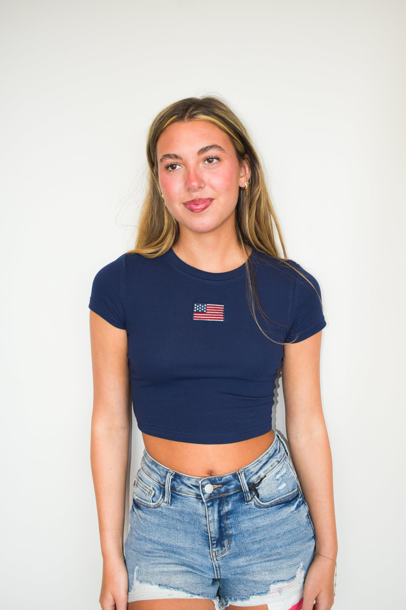 American Flag Patch Cropped Tee-100 - TOPS - SHORT SLEEVE/SLEEVELESS-LOVE POEM-[option4]-[option5]-[option6]-Leather & Lace Boutique Shop