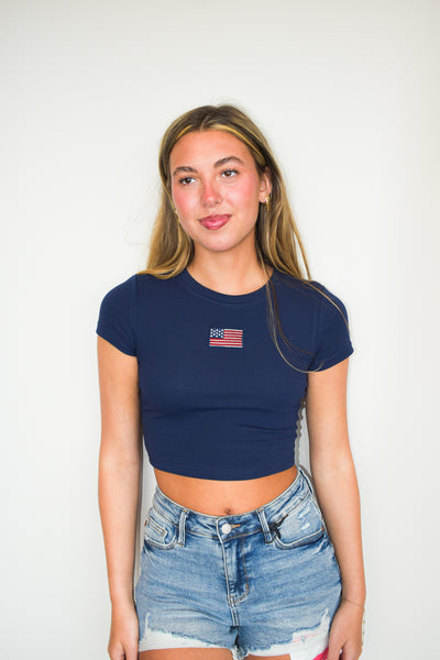 American Flag Patch Cropped Tee-100 - TOPS - SHORT SLEEVE/SLEEVELESS-LOVE POEM-[option4]-[option5]-[option6]-Leather & Lace Boutique Shop