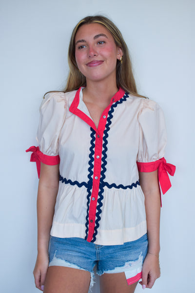 Ric Rac Puff Shoulder Blouse-100 - TOPS - SHORT SLEEVE/SLEEVELESS-ENTRO-[option4]-[option5]-[option6]-Leather & Lace Boutique Shop