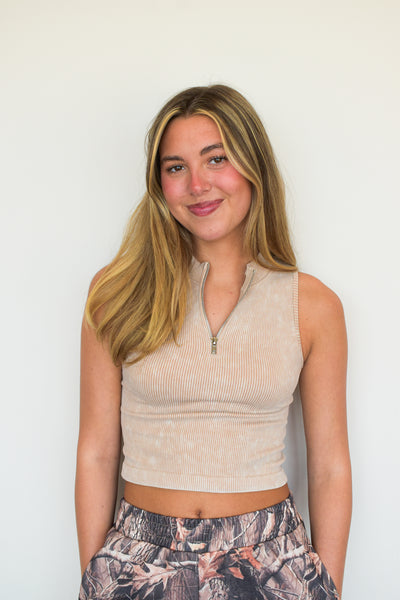 Quarter Zip Ribbed Tank- Tan-100 - TOPS - SHORT SLEEVE/SLEEVELESS-ONCE ONCE-[option4]-[option5]-[option6]-Leather & Lace Boutique Shop