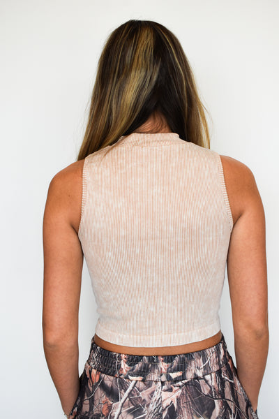 Quarter Zip Ribbed Tank- Tan-100 - TOPS - SHORT SLEEVE/SLEEVELESS-ONCE ONCE-[option4]-[option5]-[option6]-Leather & Lace Boutique Shop