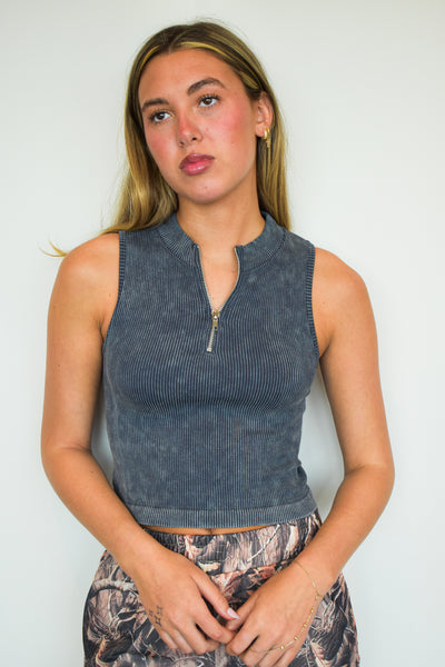 Quarter Zip Ribbed Tank- Black-100 - TOPS - SHORT SLEEVE/SLEEVELESS-ONCE ONCE-[option4]-[option5]-[option6]-Leather & Lace Boutique Shop