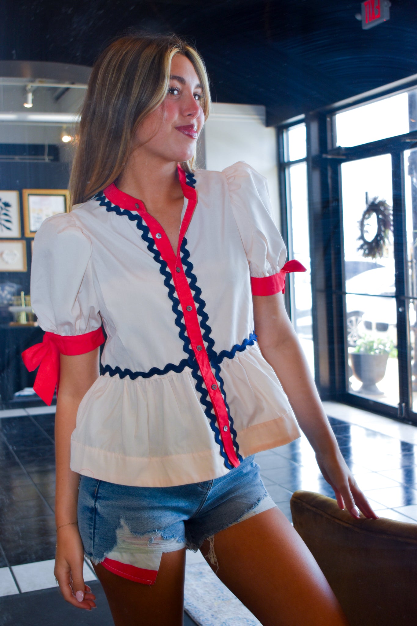 Ric Rac Puff Shoulder Blouse-100 - TOPS - SHORT SLEEVE/SLEEVELESS-ENTRO-[option4]-[option5]-[option6]-Leather & Lace Boutique Shop