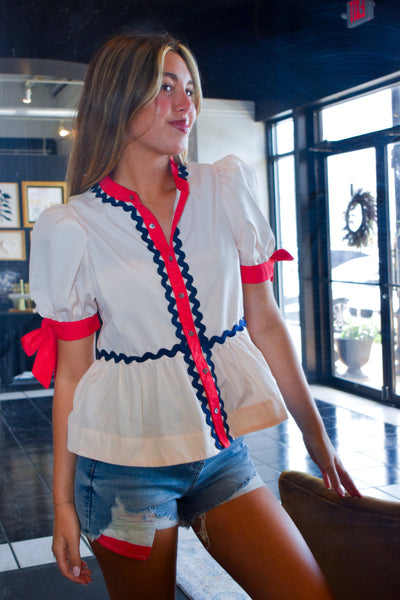 Ric Rac Puff Shoulder Blouse-100 - TOPS - SHORT SLEEVE/SLEEVELESS-ENTRO-[option4]-[option5]-[option6]-Leather & Lace Boutique Shop