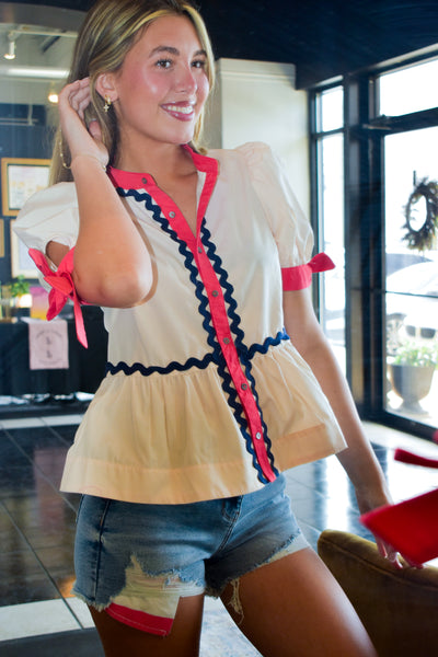 Ric Rac Puff Shoulder Blouse-100 - TOPS - SHORT SLEEVE/SLEEVELESS-ENTRO-[option4]-[option5]-[option6]-Leather & Lace Boutique Shop