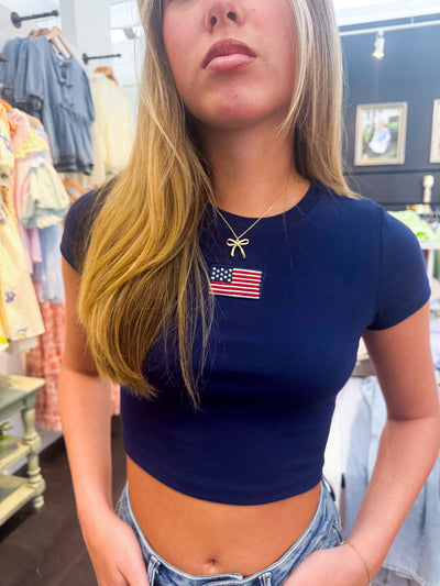 American Flag Patch Cropped Tee-100 - TOPS - SHORT SLEEVE/SLEEVELESS-LOVE POEM-[option4]-[option5]-[option6]-Leather & Lace Boutique Shop