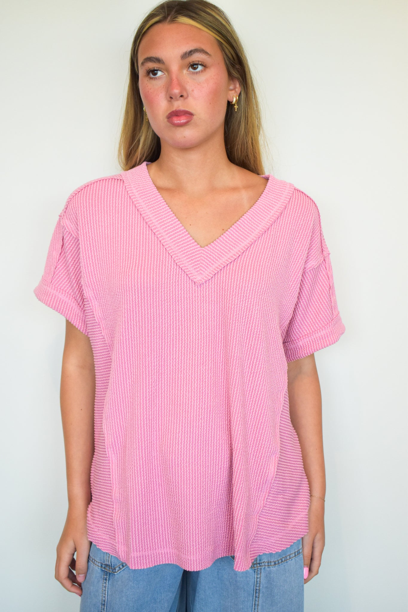 Wide Hem Ribbed Knit Tee- Rose-100 - TOPS - SHORT SLEEVE/SLEEVELESS-VERY J-[option4]-[option5]-[option6]-Leather & Lace Boutique Shop