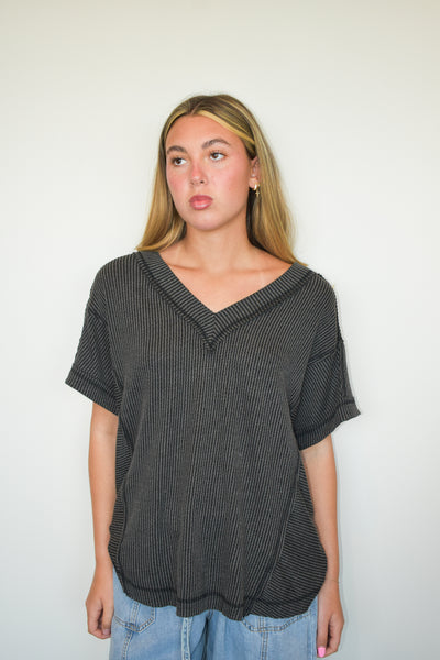 Wide Hem Ribbed Knit Tee- Charcoal-100 - TOPS - SHORT SLEEVE/SLEEVELESS-VERY J-[option4]-[option5]-[option6]-Leather & Lace Boutique Shop