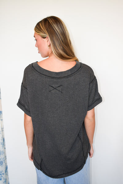 Wide Hem Ribbed Knit Tee- Charcoal-100 - TOPS - SHORT SLEEVE/SLEEVELESS-VERY J-[option4]-[option5]-[option6]-Leather & Lace Boutique Shop