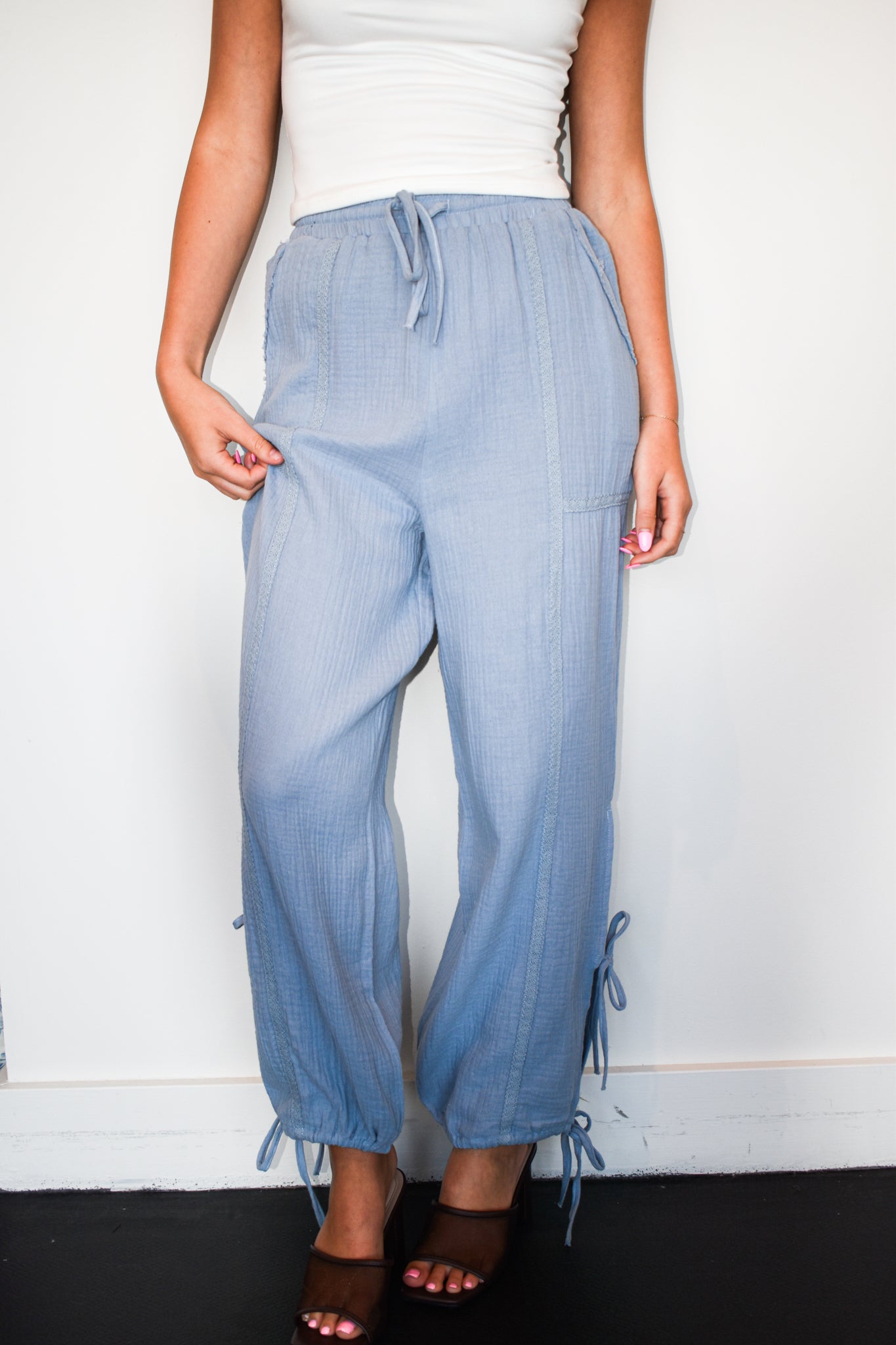 Tie Ankle Linen Pants- Denim-160 - BOTTOMS - OTHER-VERY J-[option4]-[option5]-[option6]-Leather & Lace Boutique Shop