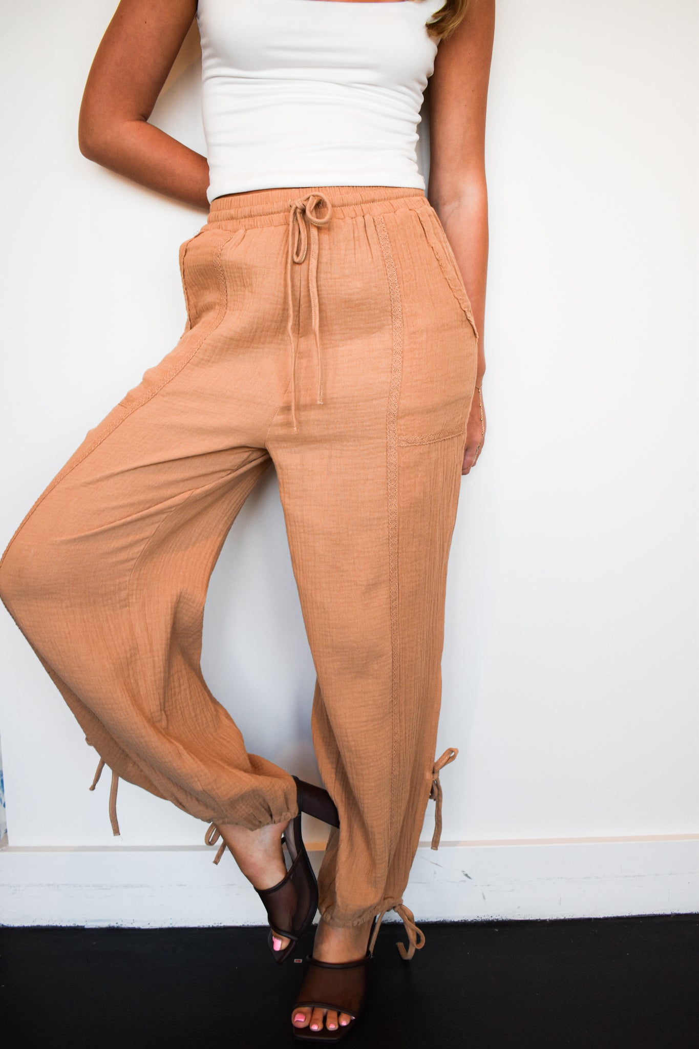 Tie Ankle Linen Pants- Taupe-160 - BOTTOMS - OTHER-VERY J-[option4]-[option5]-[option6]-Leather & Lace Boutique Shop