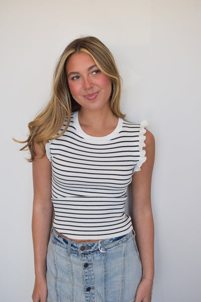 Striped Ruffle Trim Tank- Black/White-100 - TOPS - SHORT SLEEVE/SLEEVELESS-BLU PEPPER-[option4]-[option5]-[option6]-Leather & Lace Boutique Shop