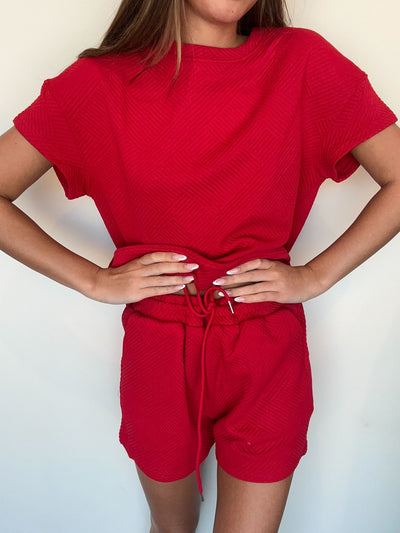 Textured Summer Sweatshirt Set- Ruby Red-170 - DRESSES / ROMPERS / SETS-LENA-[option4]-[option5]-[option6]-Leather & Lace Boutique Shop