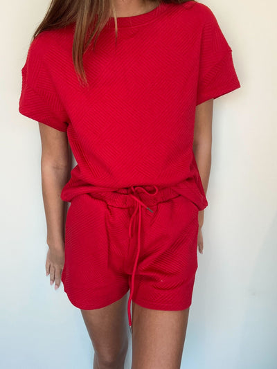 Textured Summer Sweatshirt Set- Ruby Red-170 - DRESSES / ROMPERS / SETS-LENA-[option4]-[option5]-[option6]-Leather & Lace Boutique Shop