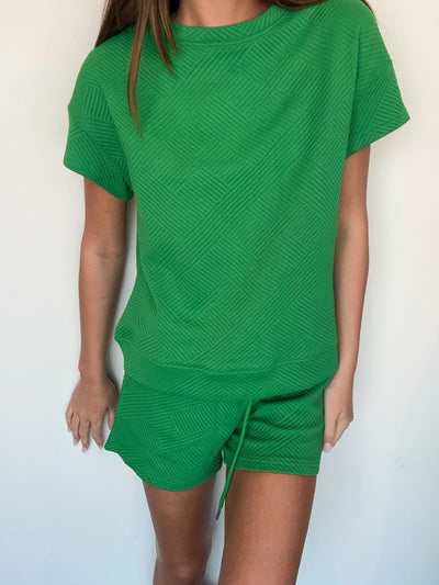Textured Summer Sweatshirt Set- Kelly Green-170 - DRESSES / ROMPERS / SETS-LENA-[option4]-[option5]-[option6]-Leather & Lace Boutique Shop