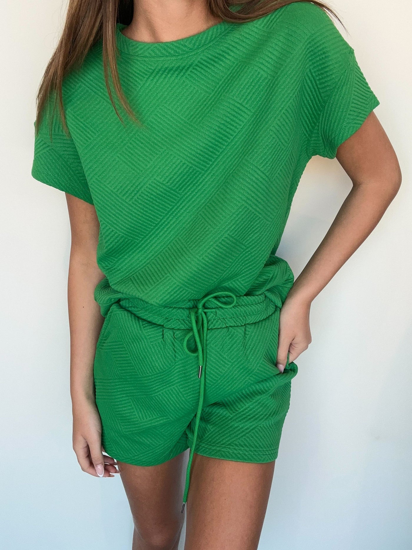Textured Summer Sweatshirt Set- Kelly Green-170 - DRESSES / ROMPERS / SETS-LENA-[option4]-[option5]-[option6]-Leather & Lace Boutique Shop