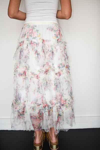 Floral Tulle Maxi Skirt- White-160 - BOTTOMS - OTHER-TABA-[option4]-[option5]-[option6]-Leather & Lace Boutique Shop