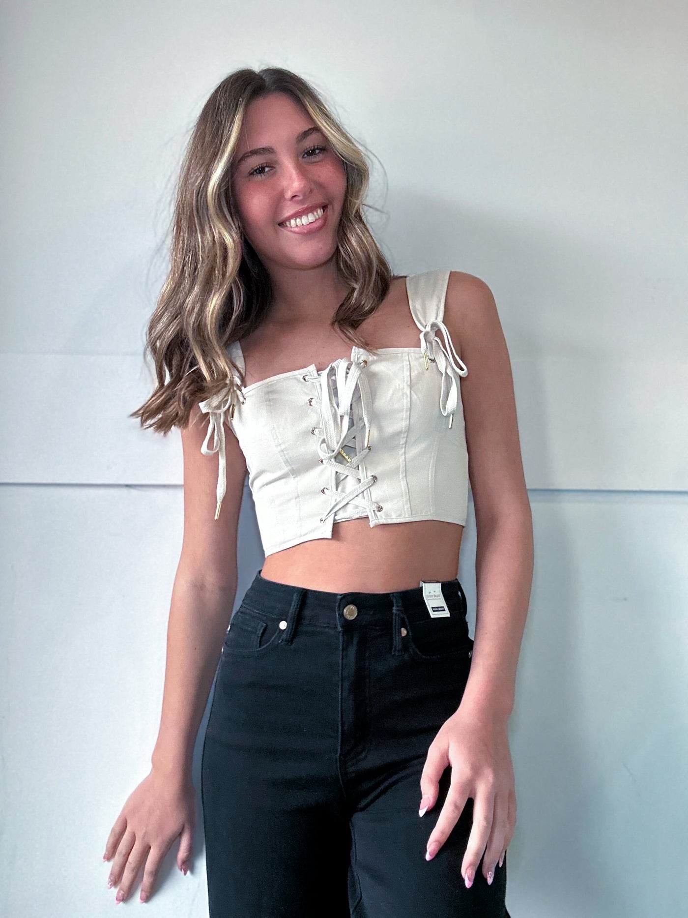 Lace Up Canvas Cropped Tank-100 - TOPS - SHORT SLEEVE/SLEEVELESS-LENA-[option4]-[option5]-[option6]-Leather & Lace Boutique Shop