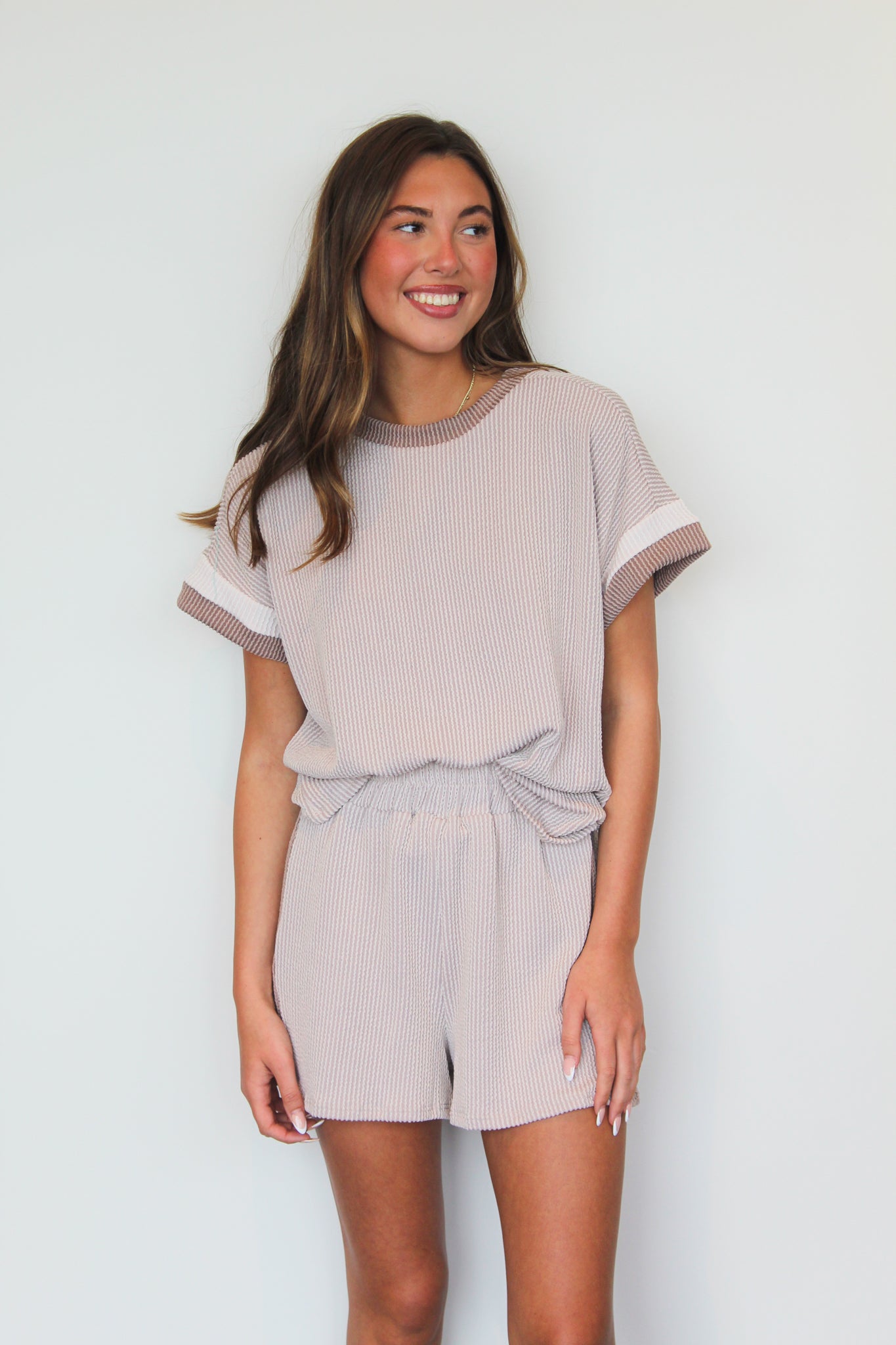 Ribbed Knit Neutral Tee-170 - DRESSES / ROMPERS / SETS-LOVELY MELODY-[option4]-[option5]-[option6]-Leather & Lace Boutique Shop