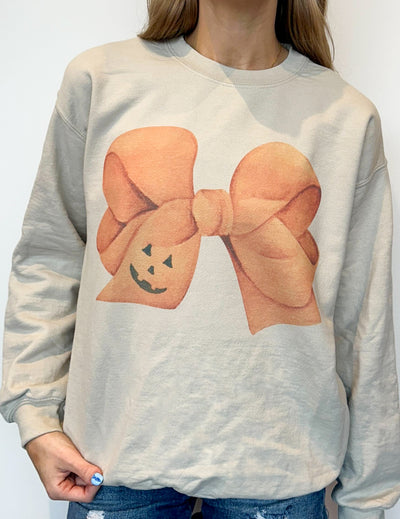 Jack-O-Lantern Bow Graphic Sweatshirt-135 - DEMAND GRAPHIC-LEATHER & LACE-[option4]-[option5]-[option6]-Leather & Lace Boutique Shop