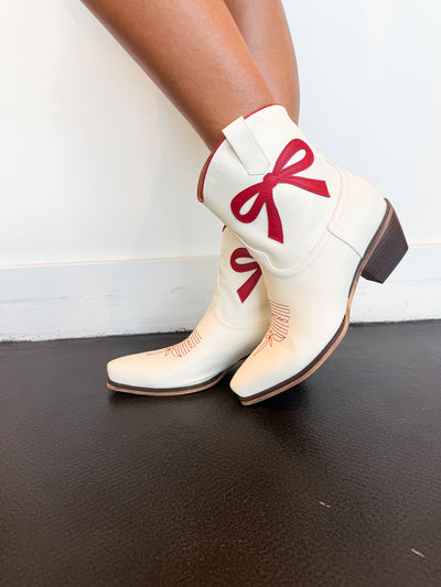 Bow Mini Boots- Red/White-180 - SHOES-MARFA-[option4]-[option5]-[option6]-Leather & Lace Boutique Shop