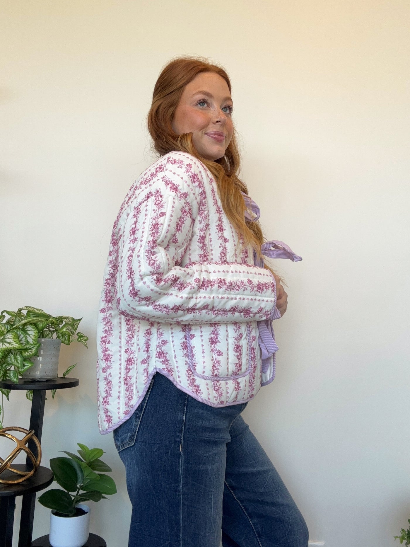 Floral Quilted Bow Jacket- Pink