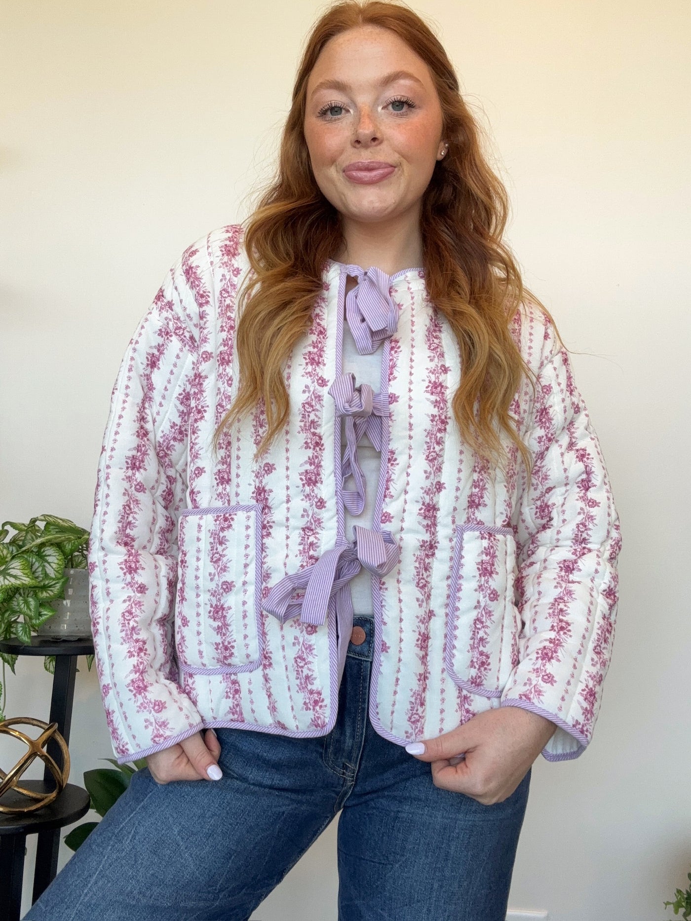 Floral Quilted Bow Jacket- Pink