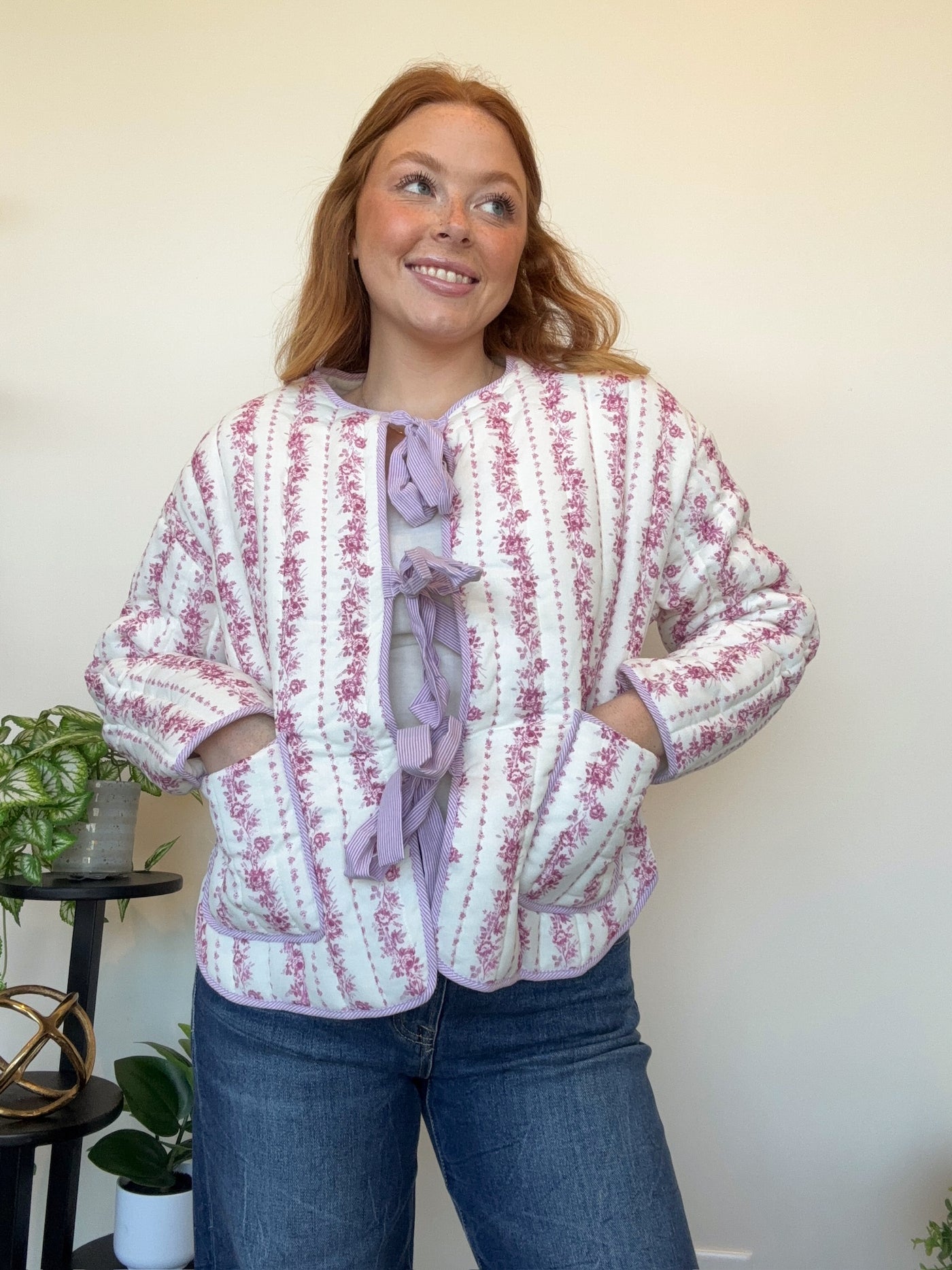 Floral Quilted Bow Jacket- Pink