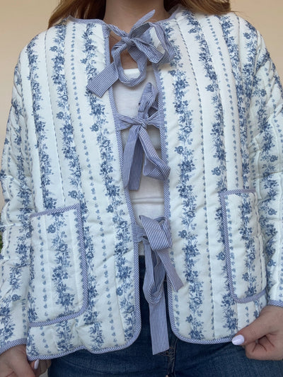 Floral Quilted Bow Jacket- Blue