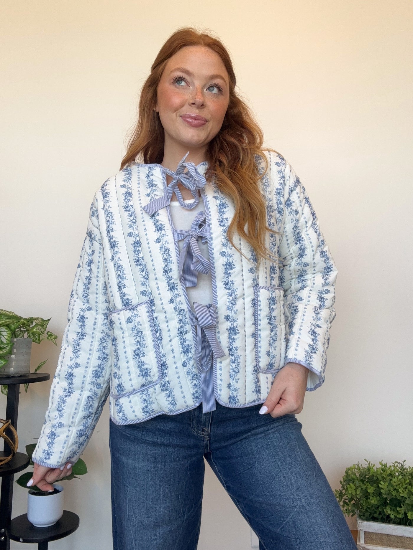 Floral Quilted Bow Jacket- Blue