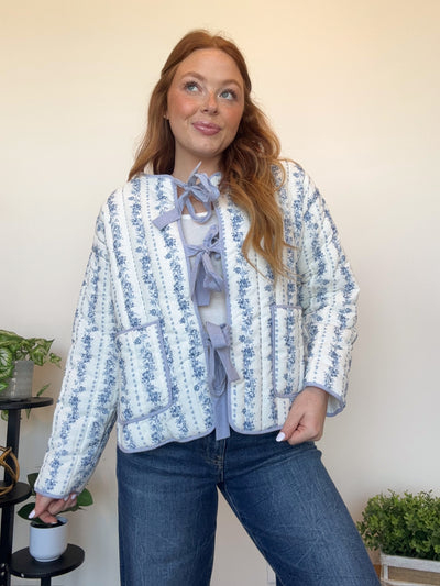 Floral Quilted Bow Jacket- Blue