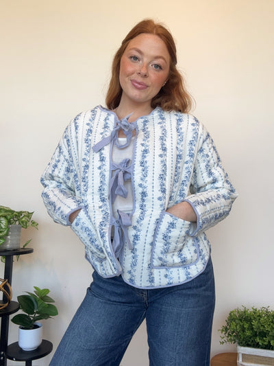 Floral Quilted Bow Jacket- Blue