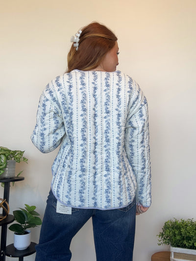 Floral Quilted Bow Jacket- Blue