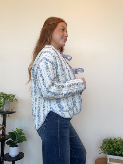 Floral Quilted Bow Jacket- Blue