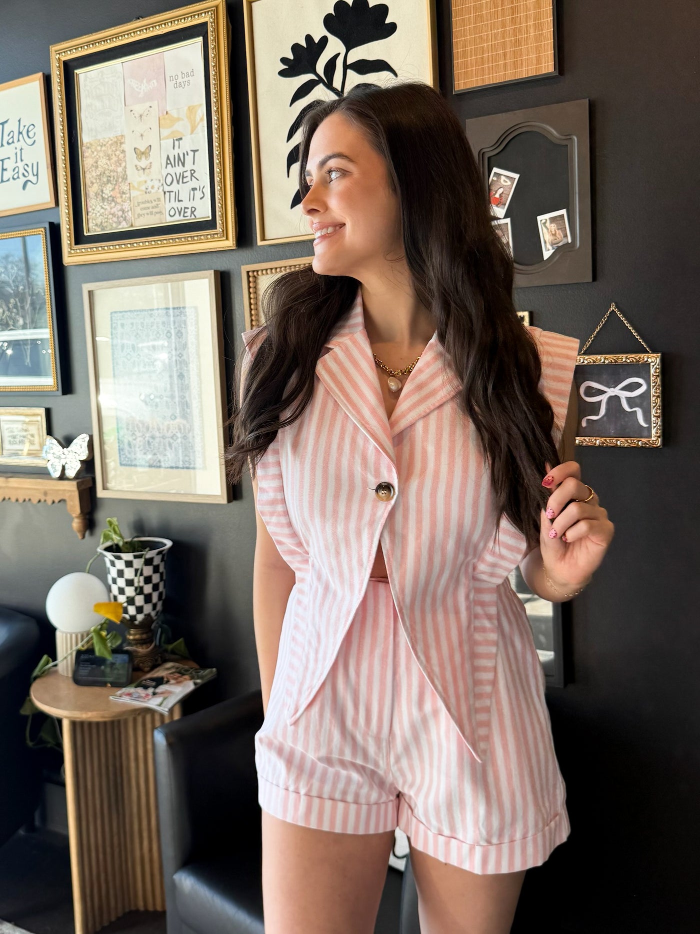 Striped Tailored Romper- Pink